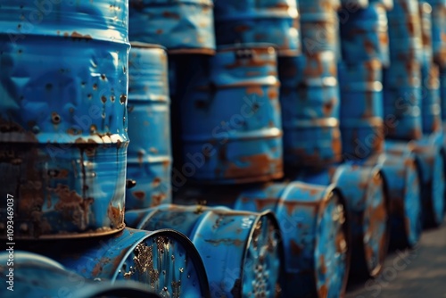 Stacked blue oil barrels and chemical drums. photo