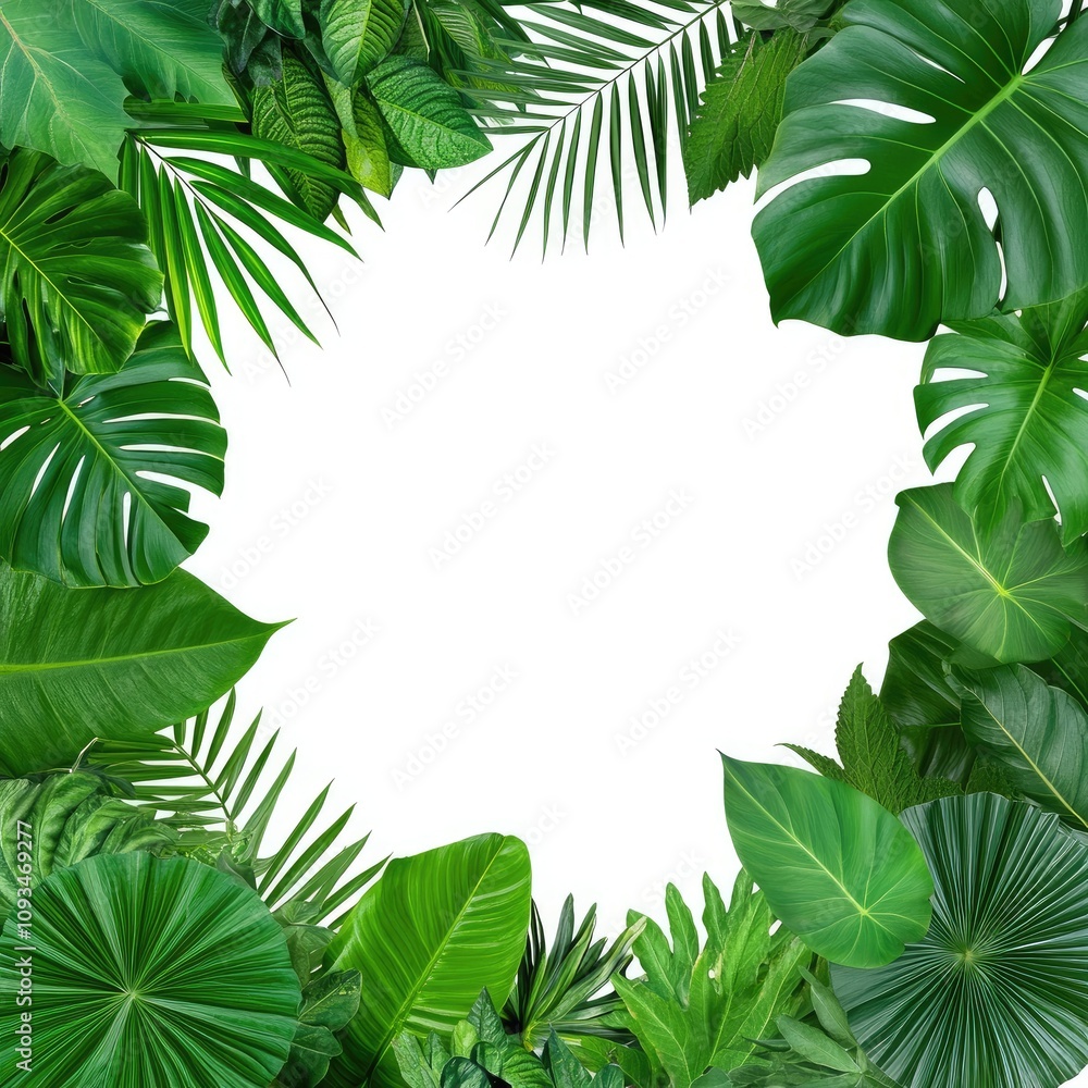 Lush Greenery Frame with Various Tropical Leaves Surrounded by Vibrant Botanicals Ideal for Backgrounds, Nature Themes, and Eco-Friendly Designs Lush Greenery Frame with Various Tropical Leaves Surrounded by Vibrant Botanicals Ideal for Backgrounds, Nature Themes, and Eco-Friendly Designs