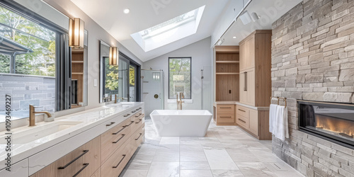 A modern bathroom with light grey ceramic tiles, a large skylight above the bathtub and an island sink on one side. 