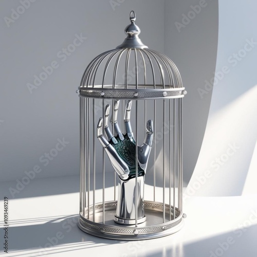 Caged robot hand illuminated by the sun on a white background photo