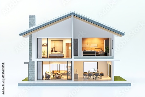 Cross-section house interior with warm lights.