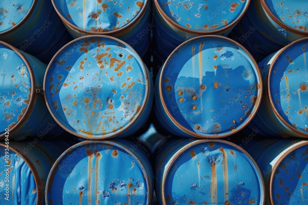 Stacked blue oil barrels and chemical drums. Stacked blue oil barrels and chemical drums.
