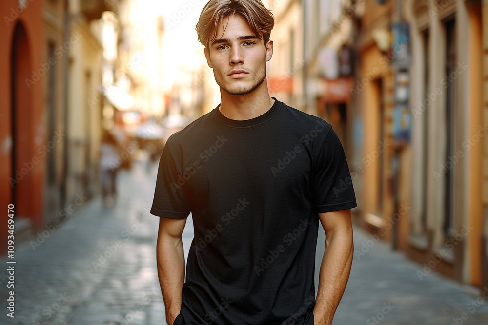 Young Model Wearing Black T-Shirt in a Vibrant Urban Setting: Minimalist Fashion Meets Street Vibes Young Model Wearing Black T-Shirt in a Vibrant Urban Setting: Minimalist Fashion Meets Street Vibes