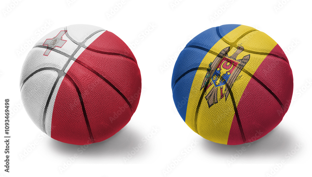 basketball balls with the national flags of moldova and malta on the white background. basketball balls with the national flags of moldova and malta on the white background.