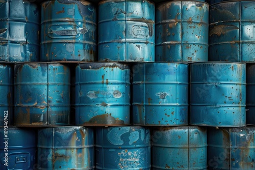 Stacked blue oil barrels and chemical drums.