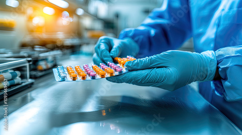 A person in protective gear examines a colorful blister pack of capsules in a clinical or pharmaceutical setting. photo