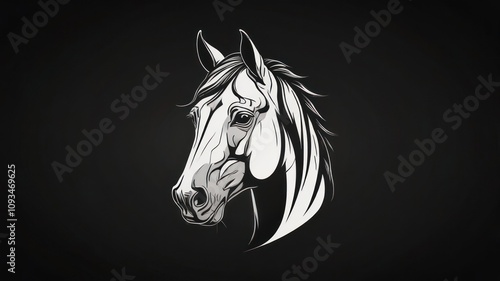 Elegant grayscale horse head profile on dark background.