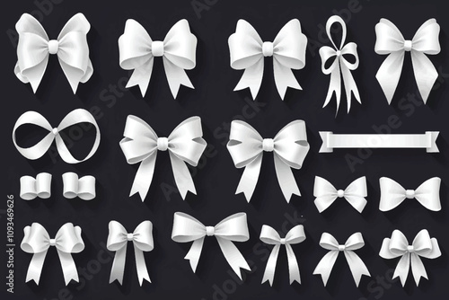 set of realistic white gift bows and ribbons
