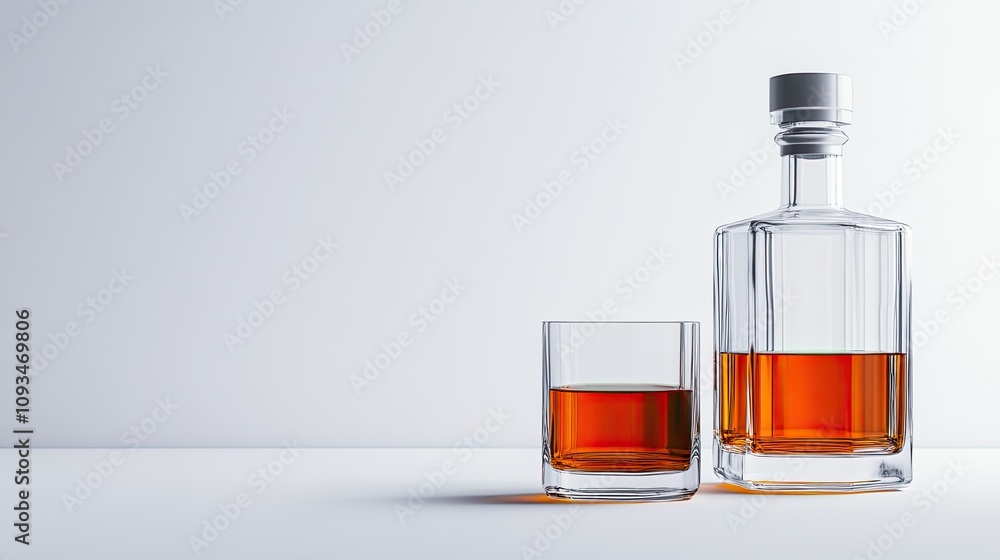 Elegant glass decanter filled with amber liquor alongside a short glass on a minimalistic surface, showcasing the rich color and texture of the spirits in soft lighting Elegant glass decanter filled with amber liquor alongside a short glass on a minimalistic surface, showcasing the rich color and texture of the spirits in soft lighting