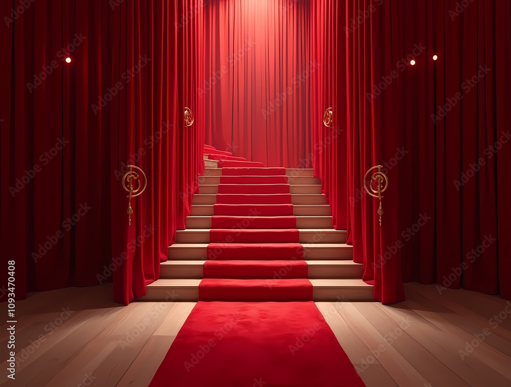 Red carpet leading to the staircase with lighting and curtains Red carpet leading to the staircase with lighting and curtains