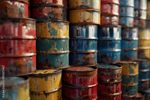 Stacked fiber oil and chemical barrels.