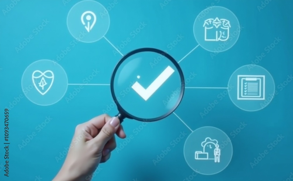 Hand holding magnifying glass over check mark icon on blue background analyzing business performance checklist Hand holding magnifying glass over check mark icon on blue background analyzing business performance checklist