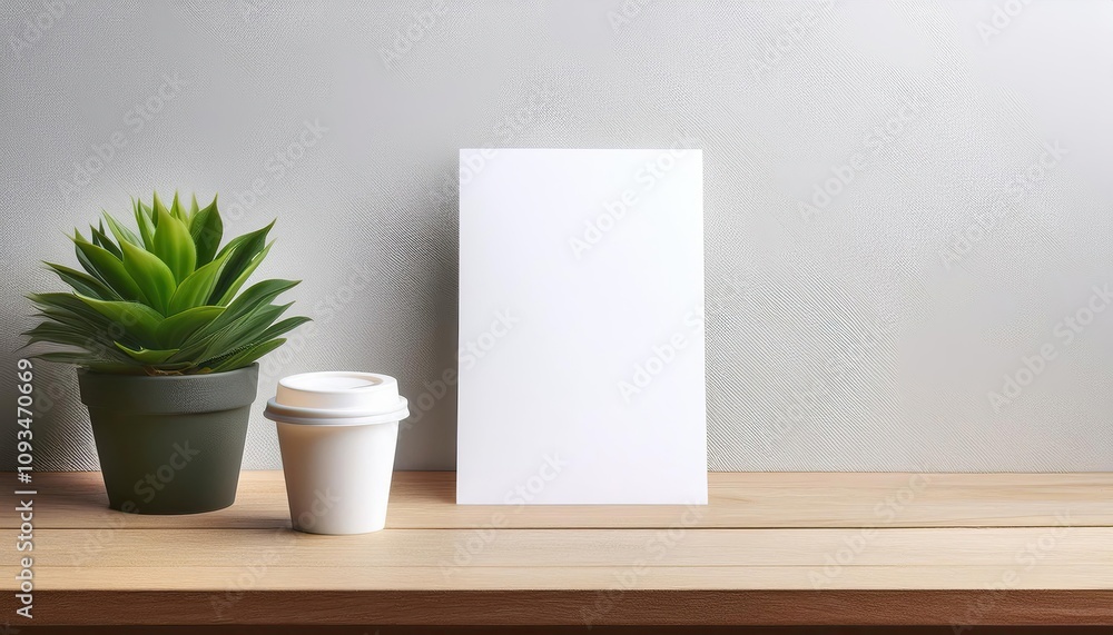 Greeting card mockup scene. plant small vase on wooden table , empty space on table , White Business Wood Table Take Away Coffee Greeting card mockup scene. plant small vase on wooden table , empty space on table , White Business Wood Table Take Away Coffee
