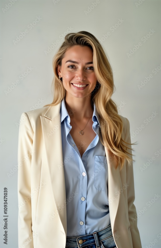 Smiling woman in light beige blazer, light blue shirt. Stylish casual look. Business pro student. Modern business casual style. Friendly expression. Positive energy. Perfect for fashion, lifestyle Smiling woman in light beige blazer, light blue shirt. Stylish casual look. Business pro student. Modern business casual style. Friendly expression. Positive energy. Perfect for fashion, lifestyle