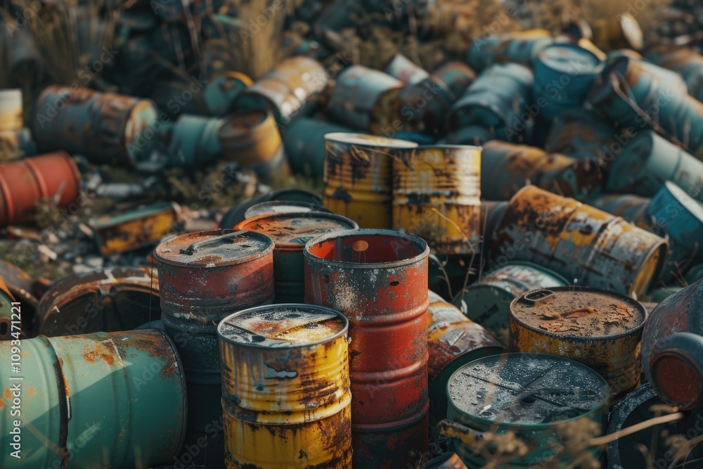 Chemical waste dump with many barrels.