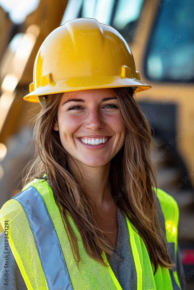 Smiling woman in construction attire, including yellow hard hat and reflective vest. Smiling woman in construction attire, including yellow hard hat and reflective vest.