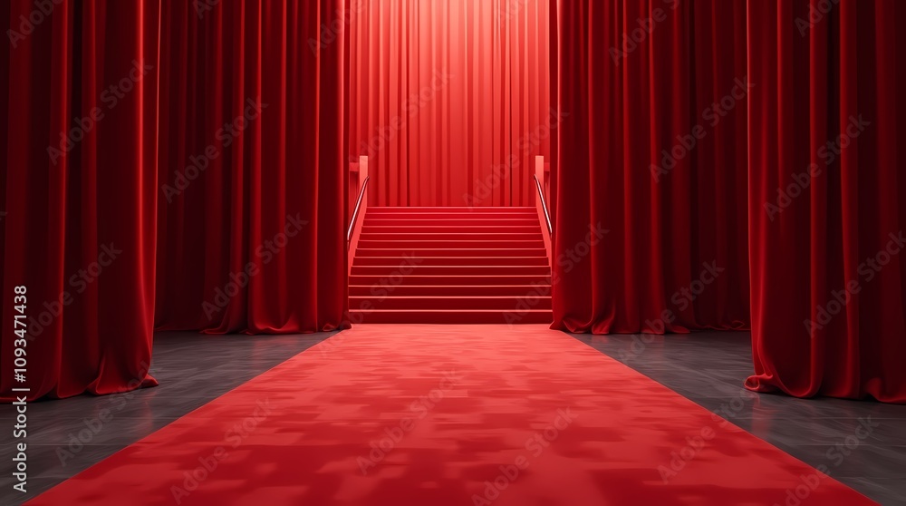 Red carpet leading to the staircase with lighting and curtains Red carpet leading to the staircase with lighting and curtains