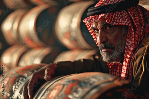 Saudi man with USD and oil barrel in price crisis. photo