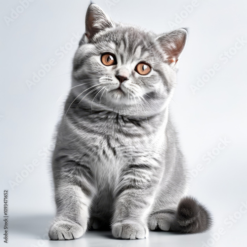 Cute Grey Kitten British Shorthair Cat Close-up Stock Photo with White Background