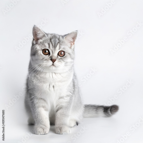 Cute Grey Kitten British Shorthair Cat Close-up Stock Photo with White Background