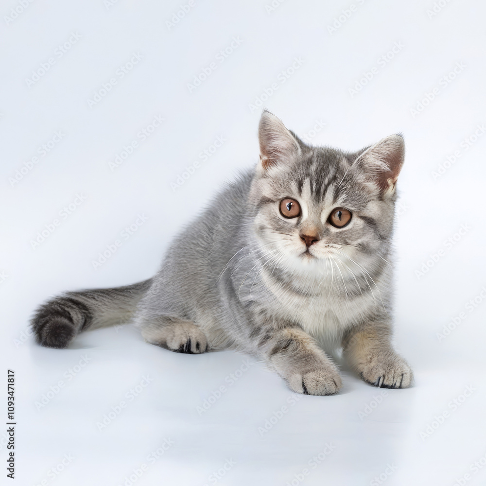 Fototapeta premium Cute Grey Kitten British Shorthair Cat Close-up Stock Photo with White Background