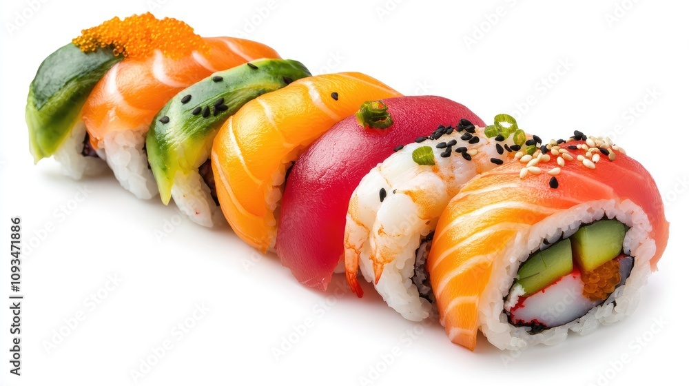 Vibrant and Colorful Sushi Rolls Displayed on a Clean White Background, Showcasing Different Ingredients and Textures in a Gourmet Presentation Vibrant and Colorful Sushi Rolls Displayed on a Clean White Background, Showcasing Different Ingredients and Textures in a Gourmet Presentation