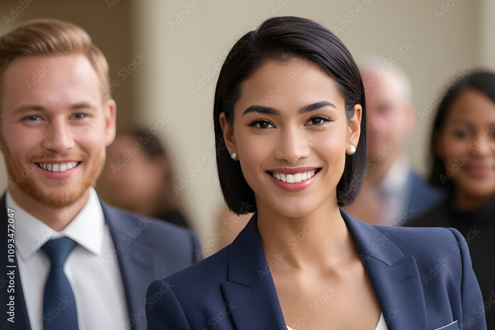 Smiling businesswoman leading diverse team in modern office Smiling businesswoman leading diverse team in modern office