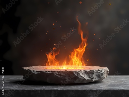 Stone tabletop or product display stand with flames on dark abstract background photo