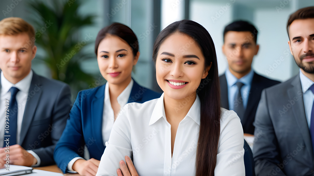 Smiling businesswoman leading diverse team in modern office Smiling businesswoman leading diverse team in modern office