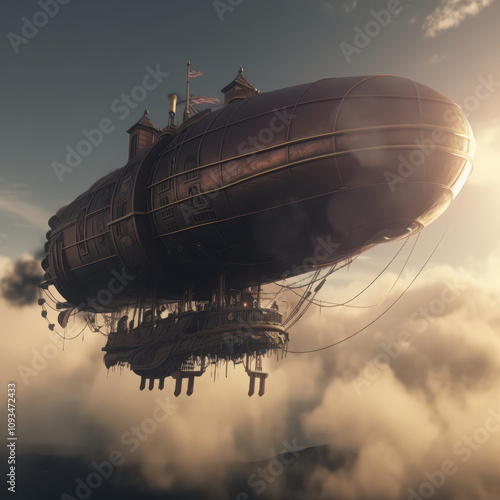 A steampunk-style airship flying above clouds in sunlight photo