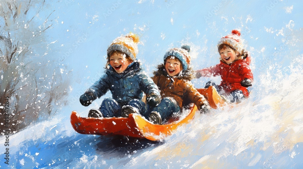 Happy Children Sledding Down Snowy Hill Winter Fun Happy Children Sledding Down Snowy Hill Winter Fun