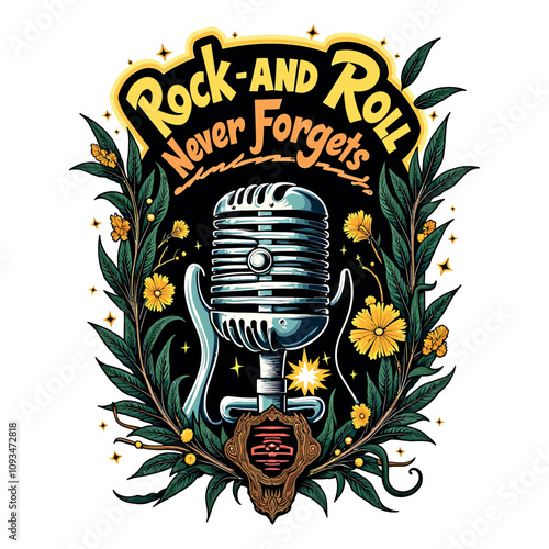 Rock and Roll Never Forgets T-Shirt Guitar & Microphone Music Design