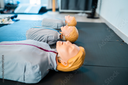 CPR Training Mannequins on the Floor Ready for Life-Saving Classes Simulating Emergency Response Education for Medical Personelle