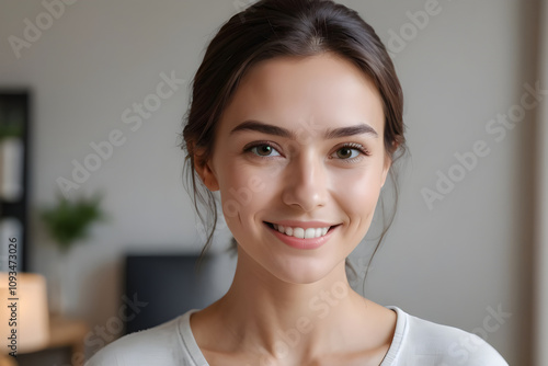 Young woman smiling and showing perfect white teeth