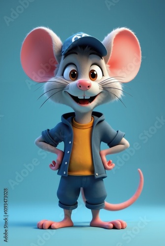 A 3d digital illustration features a cute anthropomorphic mouse with a relaxed and slightly bashful demeanor. photo