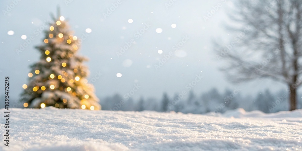 Snowy Winter Landscape with Illuminated Christmas Tree in a Tranquil Forest Setting Snowy Winter Landscape with Illuminated Christmas Tree in a Tranquil Forest Setting