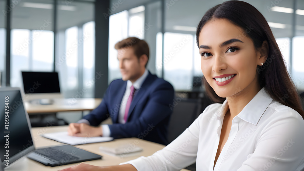 Smiling businesswoman working on laptop in modern office with colleague Smiling businesswoman working on laptop in modern office with colleague