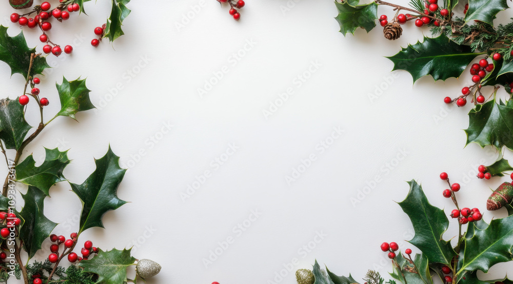 Christmas border on a white background with holly and mistletoe with red berries and decorations Christmas border on a white background with holly and mistletoe with red berries and decorations