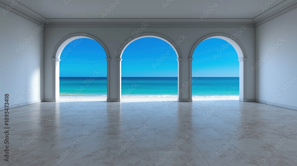 Balcony with panoramic window overlooking the sea and beach. Terrace interior with white marble and ocean access. Empty room studio for travel advertising. Balcony with panoramic window overlooking the sea and beach. Terrace interior with white marble and ocean access. Empty room studio for travel advertising.