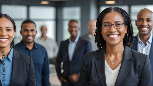 Portrait of smiling business team standing in office lobby