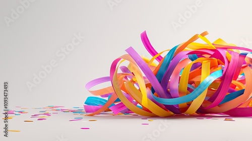 Vibrant Colorful Ribbons and Confetti on a Light Background Ideal for Celebratory Themes, Party Decorations, or Creative Inspiration for Design Projects