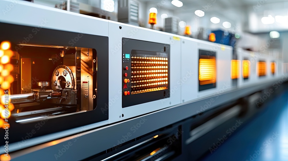 Obraz premium High-Resolution Image of Modern Industrial Machinery with Illuminated Control Panel in a Factory Setting, Showcasing Advanced Manufacturing Process and Technology