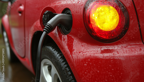 red electic car being charged in the rain photo