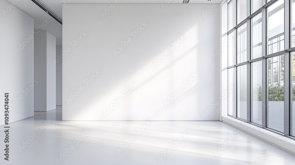 Bright sunlight in spacious empty white room with large windows Bright sunlight in spacious empty white room with large windows