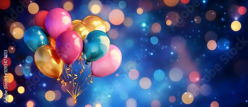 A vibrant collection of colorful balloons floating against a dreamy backdrop of blurred lights. Perfect for celebrations, parties, or festive occasions, evoking joy and happiness.