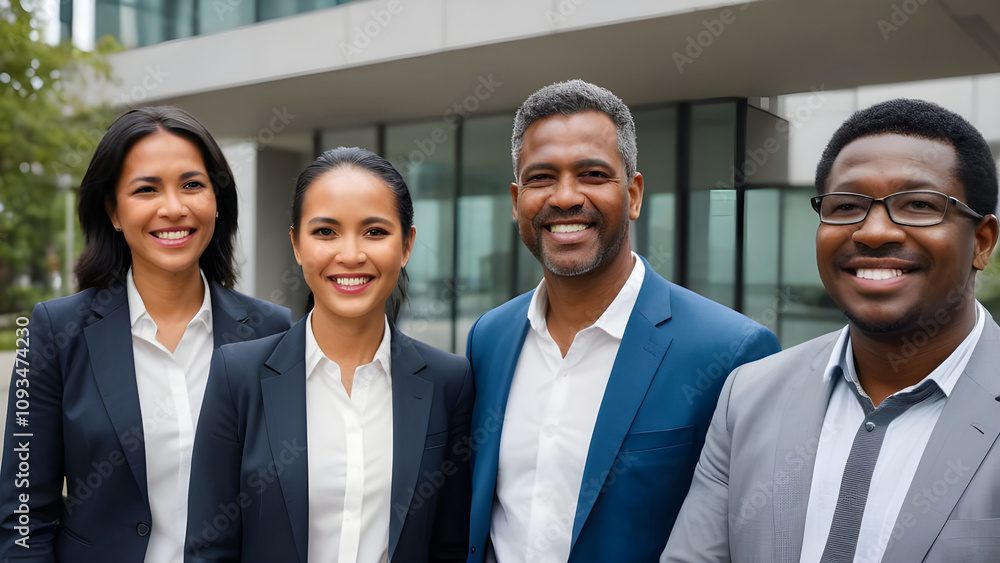 Smiling businesspeople posing outside office building Smiling businesspeople posing outside office building