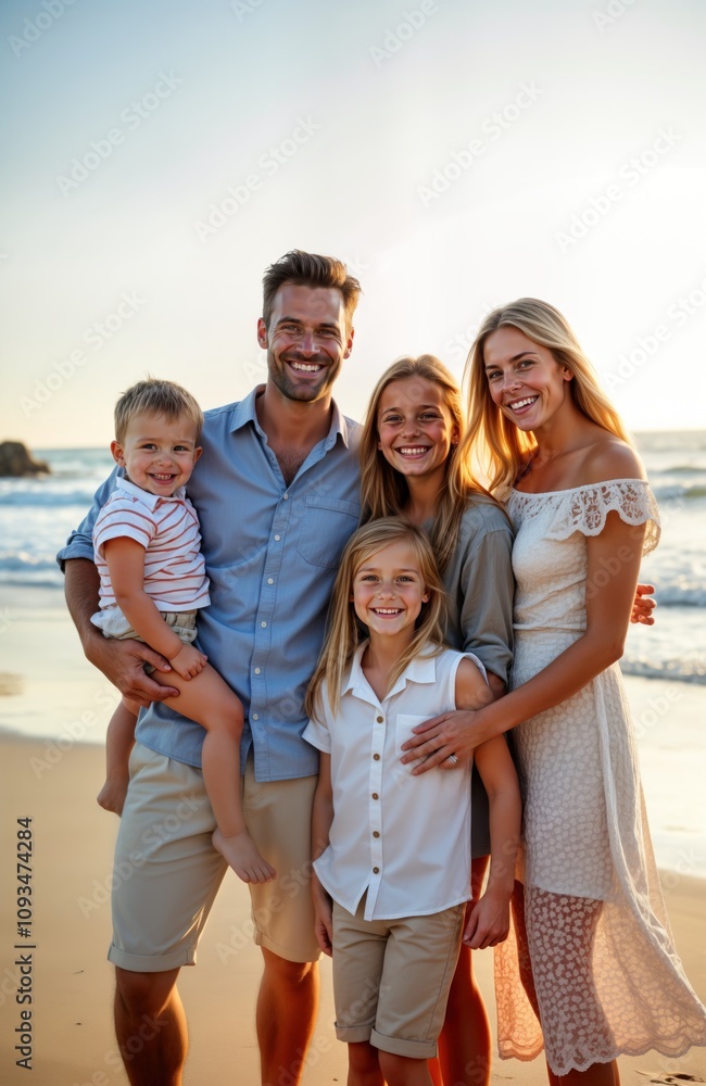 Happy family stands on beach. Parents hold little boy, girl. Kids smiling. Family poses together. Sunset time. Casual clothes. Beach holiday. Family photo. Summer vacation. Ocean view. Relaxing