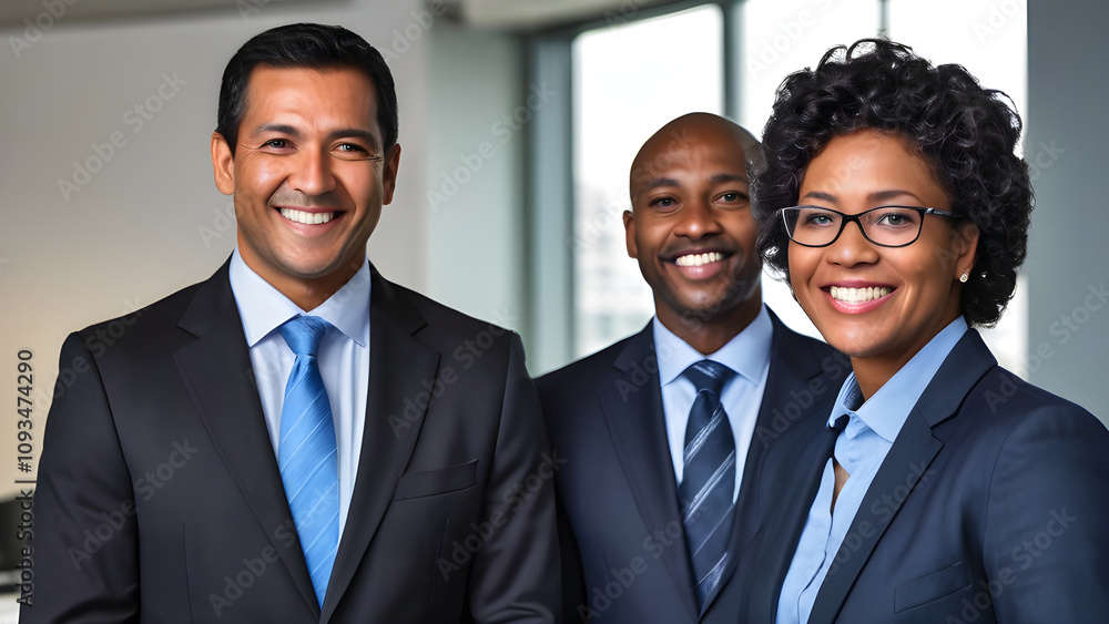 Multi ethnic business team smiling in modern office Multi ethnic business team smiling in modern office