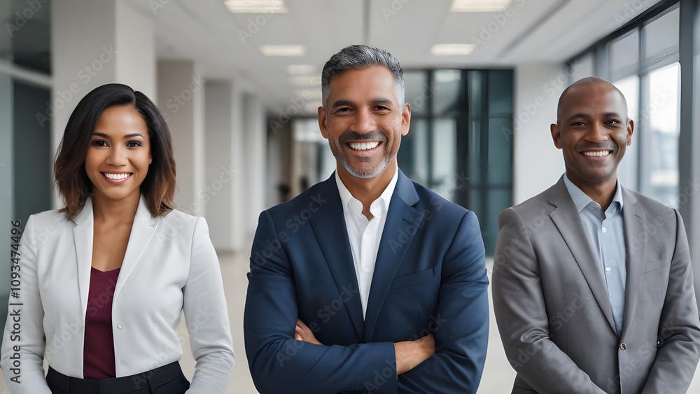 Smiling business team standing in modern office lobby Smiling business team standing in modern office lobby