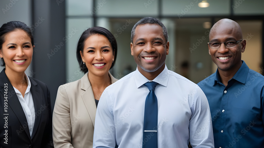 Four business people smiling outside office building Four business people smiling outside office building